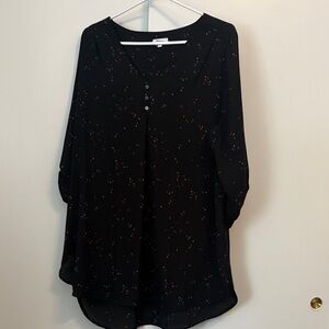 Reitmans Black Blouse with Red-Orange Speckle Print